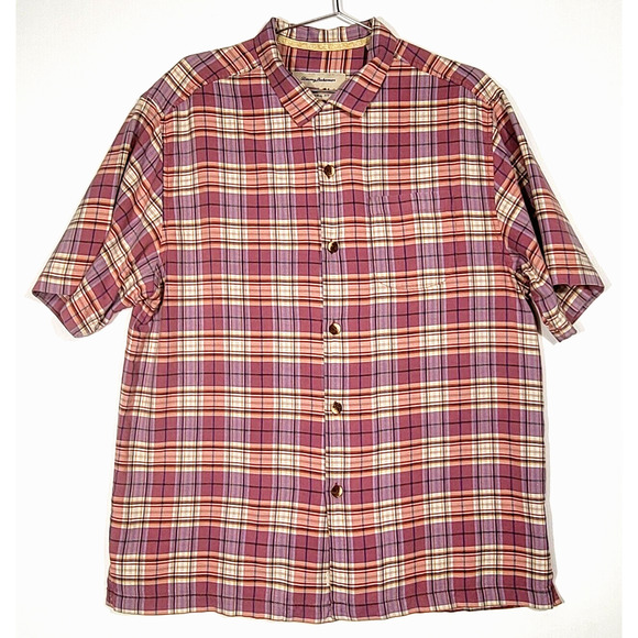 Tommy Bahama Men's Hawaiian Shirt Size L 100% Silk Pink Plaid Short Sleeve - Picture 1 of 5